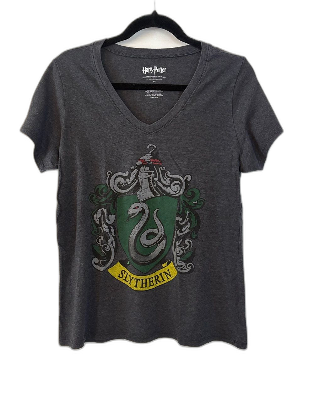 Harry Potter Slytherin Crest Graphic Tee Dark Grey Heather V-Neck T-Shirt Size L